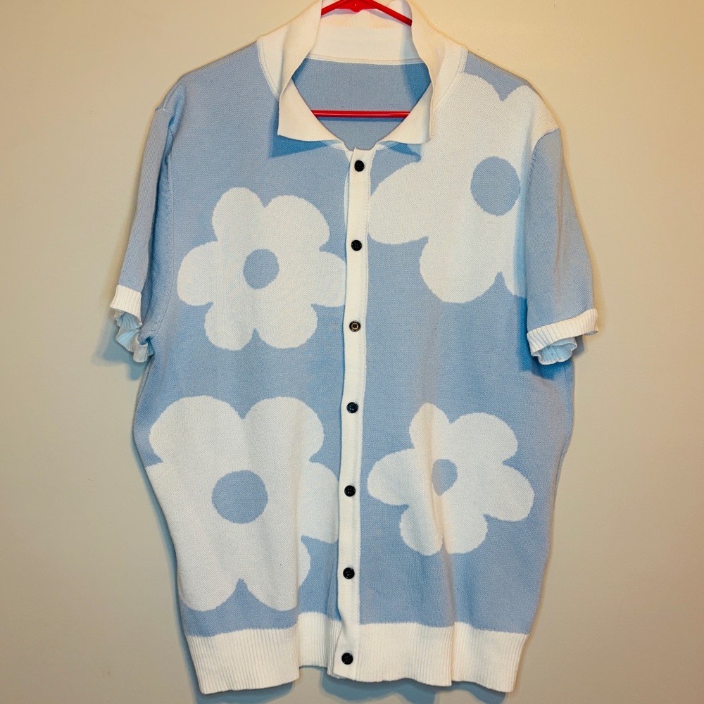 Floral Blue and White Cardigan Sweater